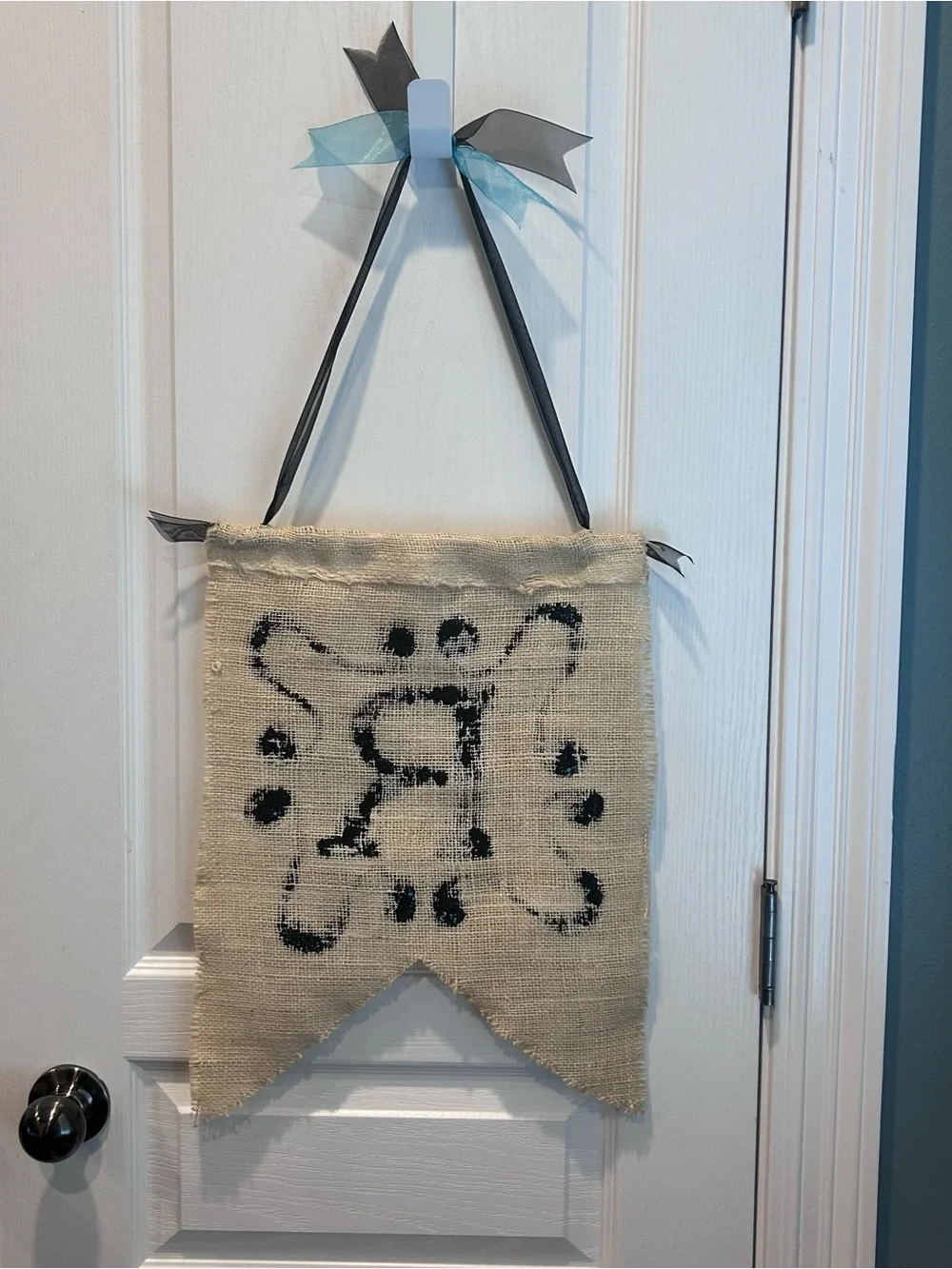Custom Painted Burlap Banner Initial Letter “R” Wall Hanging with Ribbon Accent